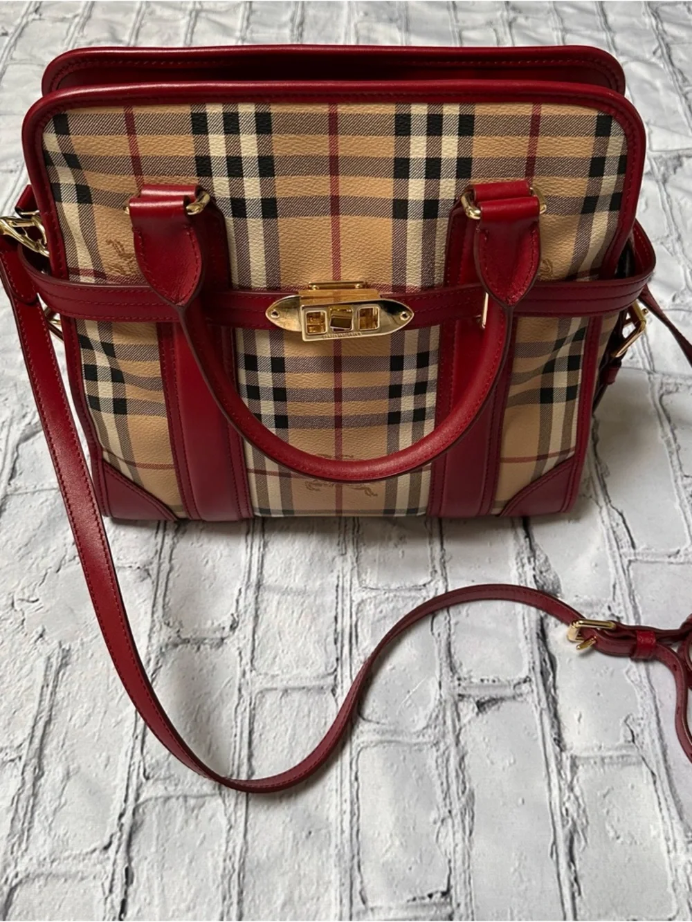 Burberry Brown Haymarket Check Patent Leather Portrait Minford Tote Bag - Picture 3 of 16